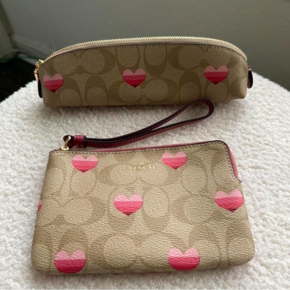 Coach Handbags - Coach Tan and Pink Heart Wristlet and Pencil Case